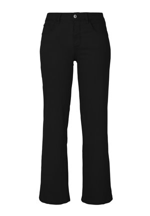 Schwarze Denim-Jeans mit weitem Bein und mittelhohem Bund. Verfügt über fünf Taschen, Gürtelschlaufen und einen Knopfverschluss. Glatte Textur, keine sichtbaren Muster.