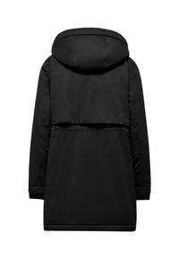 Giacca nera con cappuccio dal design lungo, texture in nylon lucido e dettaglio posteriore a strati. Presenta maniche lunghe e orlo dritto.