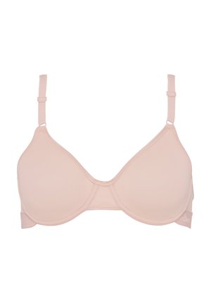 Light pink seamless underwire bra with adjustable straps and a hook-and-eye closure. Smooth fabric with a subtle sheen, minimalistic design.
