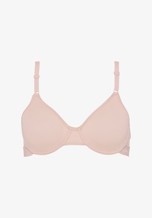 Light pink seamless underwire bra with adjustable straps and a hook-and-eye closure. Smooth fabric with a subtle sheen, minimalistic design.