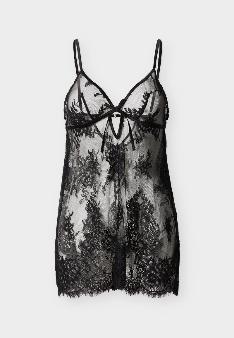 Μαύρο διάφανο κορμάκι από δαντέλα με λουλουδάτα σχέδια, ρυθμιζόμενους λεπτούς ιμάντες και μικρό μπροστινό φιόγκο με άνοιγμα.