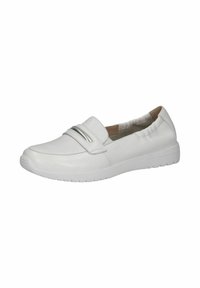 Pantofii din piele albă, fără șireturi, au vârful rotunjit, un finisaj texturat, accente elastice și o talpă din cauciuc, concepuți pentru confort și purtare facilă.
