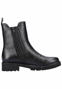 Schwarze Leder-Stiefeletten mit glatter Oberfläche, seitlichem Reißverschluss und robuster Sohle, die Langlebigkeit und eine strukturierte Silhouette bieten.