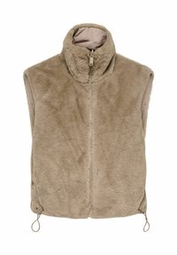 Nepluizig vest in beige met een hoge kraag, een rits aan de voorkant en zijbandjes. Zachte textuur met een eenvoudige, minimalistische uitstraling. Geen mouwen.