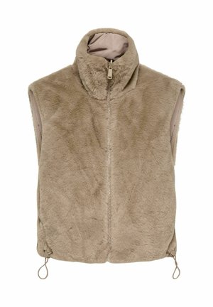 Faux fur vest in beige with a high collar, front zipper, and side ties. Soft texture with a simple, minimalist design. No sleeves.