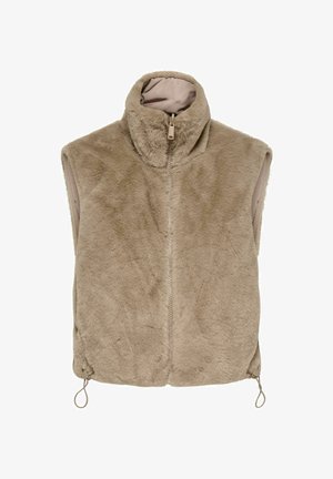 Chaleco de piel sintética en beige con un cuello alto, cremallera frontal y lazos laterales. Textura suave con un diseño simple y minimalista. Sin mangas.