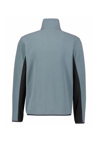 Fleece jacket with a high collar; main body in light gray and side panels in black; smooth texture, long sleeves, simple design.