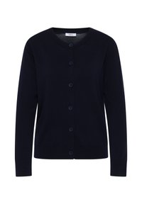 Marineblauwe cardigan van gebreid materiaal, met een ronde halslijn, voorste knoopsluiting en geribbelde manchetten en zoom.