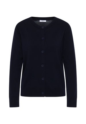 Cardigan bleu marine en tissu tricoté, avec un col rond, une fermeture à boutons sur le devant et des poignets et un ourlet côtelés.