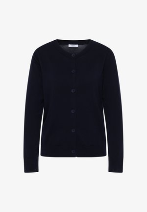 Marineblauer Cardigan aus Strickstoff, mit Rundhalsausschnitt, vorderer Knopfverschlüsse sowie gerippten Bündchen und Saum.