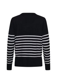 Pull noir avec des rayures blanches horizontales sur le bas du dos et les manches, poignets côtelés, et dos et épaules unis.