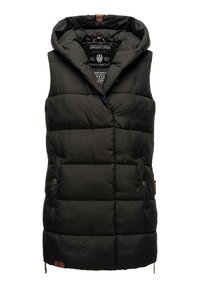 Black puffer vest with a hood, featuring a quilted design, front pockets, and a leather logo accent. Lightweight, warm material.