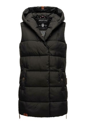 Gilet matelassé noir avec capuche, doté d'un design matelassé, de poches avant et d'un accent en cuir avec logo. Matériau léger et chaud.