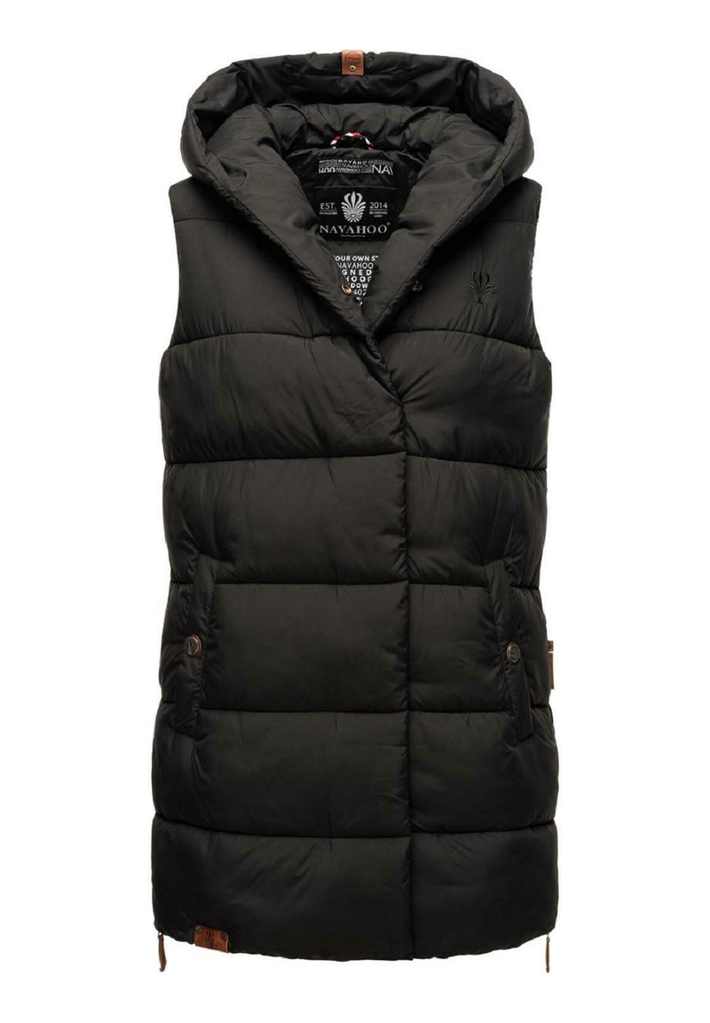 Black puffer vest with a hood, featuring a quilted design, front pockets, and a leather logo accent. Lightweight, warm material.