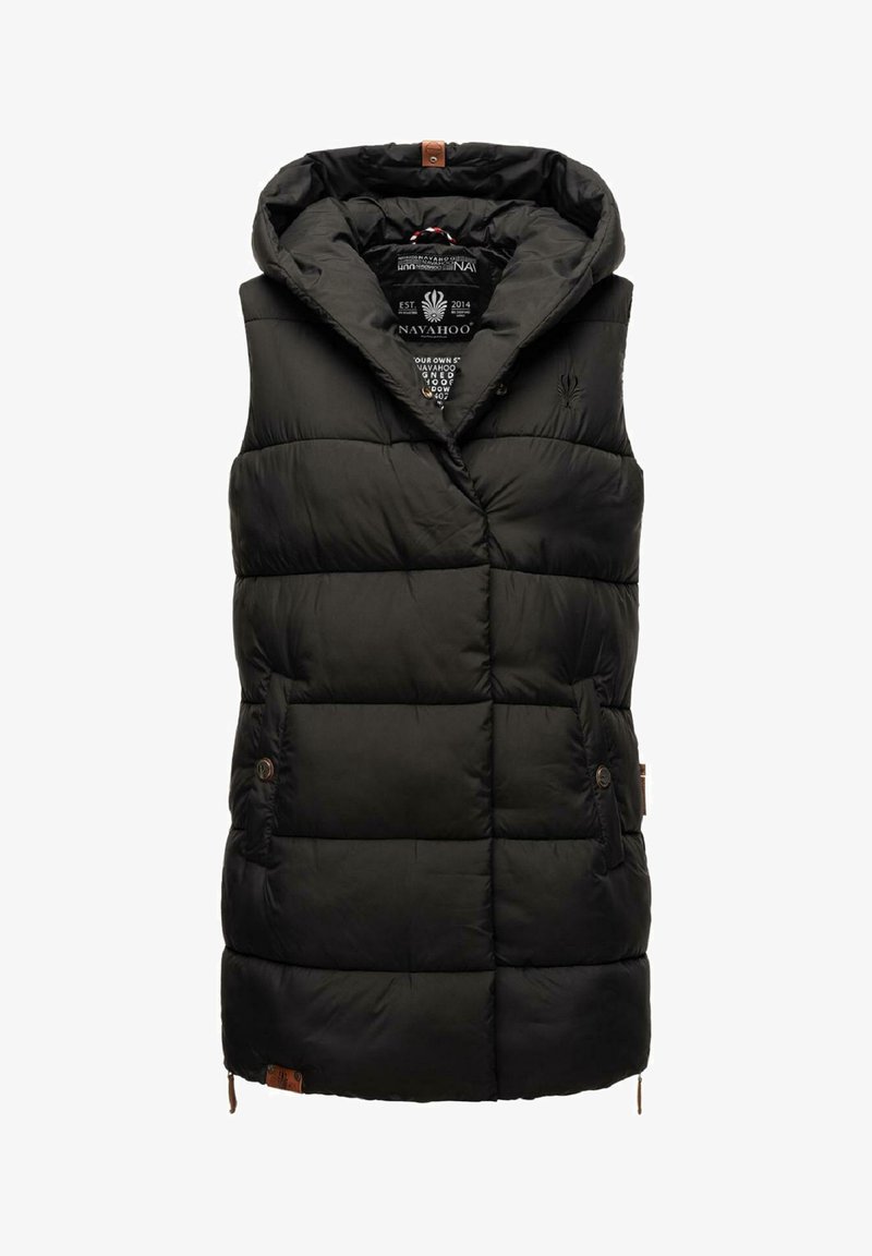 Musthave must vest, millel hood, komposiitvoodrirohkustega, ees taskud ja nahast logo aksessuaar. Kerge ja soe materjal.