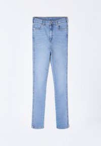 Jasnoniebieskie jeansy z denimu o dopasowanym kroju, wyposażone w pięć kieszeni, szlufki na pasek oraz zapięcie na guzik w pasie. Gładka faktura, standardowa długość.