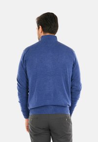 Maglione blu con colletto alto e maniche lunghe. Presenta un motivo a maglia testurizzata e polsini a costina. Indossato sopra pantaloni grigi.