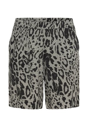 Šorty z leopardským vzorem v šedé tkanině, vybavené širokým elastickým pasem, dvěma bočními kapsami a uvolněným střihem. V průběhu textury se nachází černé vzory.