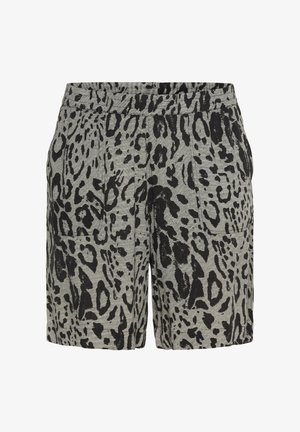 Pantaloni shorts con stampa leopardata in tessuto grigio, dotati di un'ampia cintura elastica, due tasche laterali e una vestibilità comoda. Motivi neri testurizzati su tutta la superficie.