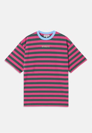 Short-sleeve t-shirt featuring green and pink horizontal stripes, a light blue ribbed collar, and "STIEGLITZ" embroidered on the front.