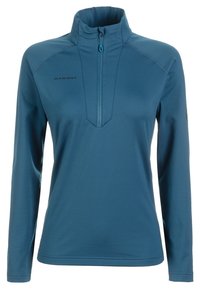 Niebieski sweter z długim rękawem, zapinany na pół zamek, wykonany z gładkiego materiału. Posiada wysoki kołnierz i logo po lewej stronie z przodu.