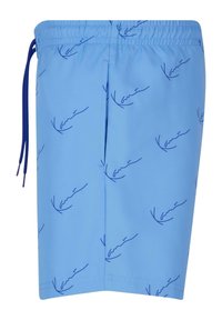 Shorts de bain bleu clair avec cordon de serrage, ornés d'un motif en logo bleu foncé répétitif. Texture lisse, taille élastique et poche latérale.