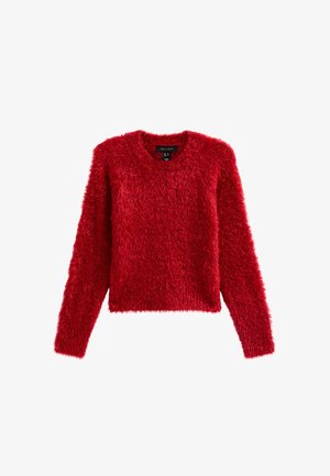 Maglione rosso peloso con maniche lunghe e scollo a V. Realizzato in materiale morbido e texturizzato, presenta una vestibilità leggermente accorciata.