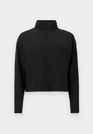 Zwarte cropped top met een hoge hals en lange mouwen, gemaakt van een gladde, lichte stof. Eenvoudig ontwerp zonder zichtbare patronen of hardware.
