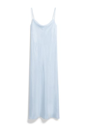 Lichtblauw slipdress met dunne verstelbare bandjes, een gladde textuur en een vloerlange uitstraling. Het heeft een eenvoudige, klassieke silhoeet.