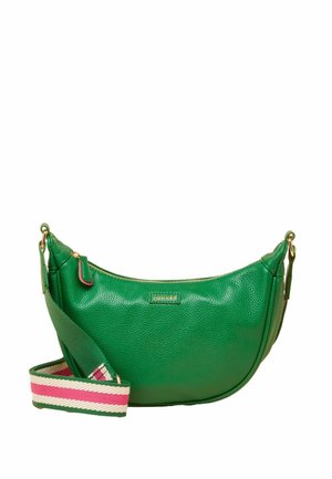 Green textured leather crescent-shaped handbag with gold zipper and detachable striped pink, white, and green shoulder strap.