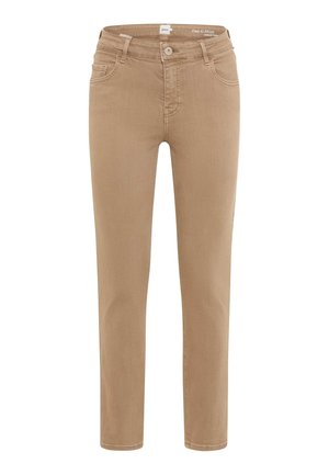 Beige denim pants with a slim fit, five-pocket design, zip fly, and accent stitching on seams. Smooth texture, versatile color.