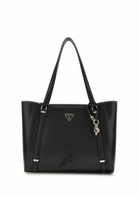 Sac fourre-tout en simili cuir noir avec doubles poignées supérieures, quincaillerie en métal argenté, détail de logo triangulaire et accent de porte-clés.