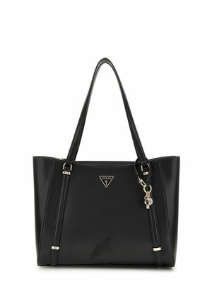 Sac fourre-tout en simili cuir noir avec doubles poignées supérieures, quincaillerie en métal argenté, détail de logo triangulaire et accent de porte-clés.