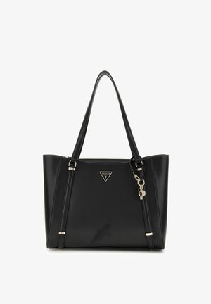 Sac fourre-tout en simili cuir noir avec doubles poignées supérieures, quincaillerie en métal argenté, détail de logo triangulaire et accent de porte-clés.