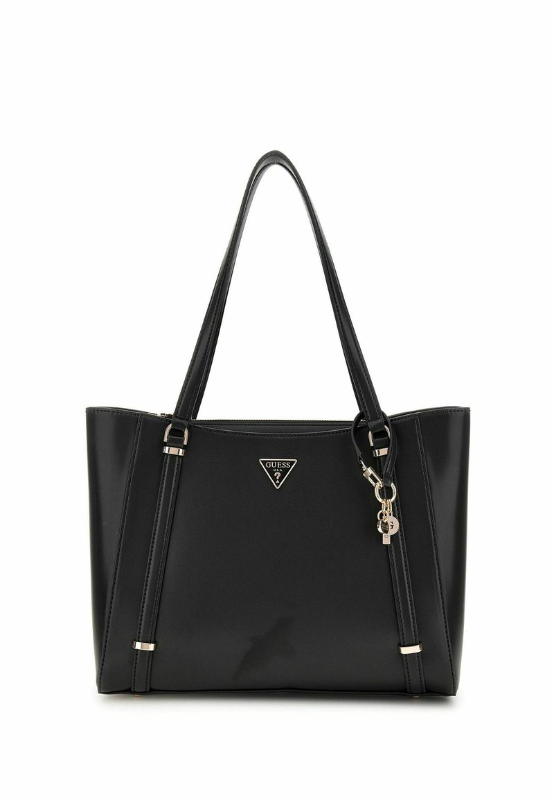 Sac fourre-tout en simili cuir noir avec doubles poignées supérieures, quincaillerie en métal argenté, détail de logo triangulaire et accent de porte-clés.