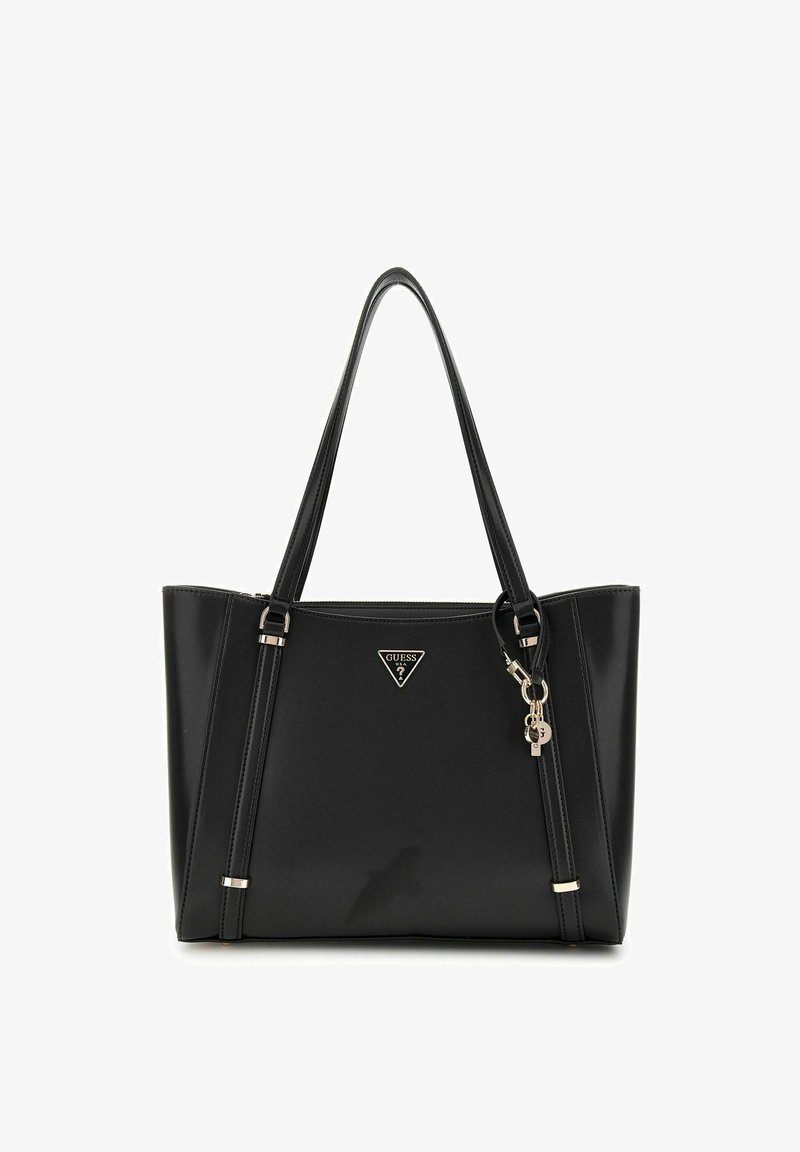 Sac fourre-tout en simili cuir noir avec doubles poignées supérieures, quincaillerie en métal argenté, détail de logo triangulaire et accent de porte-clés.