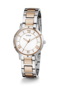 Okruhliaková strieborná a ružovo-zlatá hodinky s bielym číselníkom, rímskymi číslicami a kovovým náramkom s alternujúcimi striebornými a zlatými článkami.