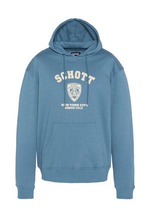 Felpa con cappuccio in cotone azzurro chiaro con logo testuale bianco. Presenta una tasca frontale e polsini e orlo a coste. Design casual e vestibilità comoda.