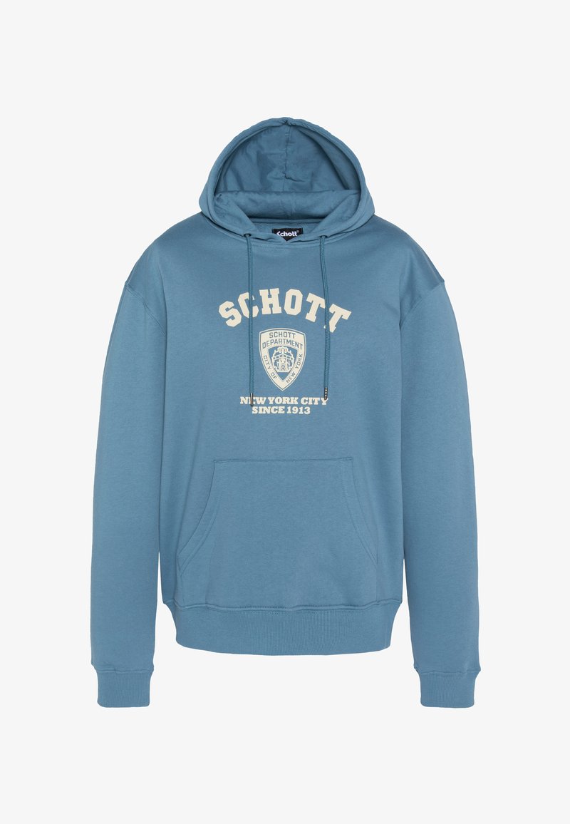 Sweat à capuche en coton bleu clair avec logo texte blanc. Comprend une poche frontale et des poignets et ourlet côtelés. Design décontracté et coupe ample.