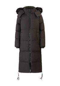 Schwarzer Puffer-Mantel mit Reißverschluss, großer Kapuze mit Kunstfellsäumer, langer Schnitt, zwei Seitentaschen und Kordelzügen am Saum.