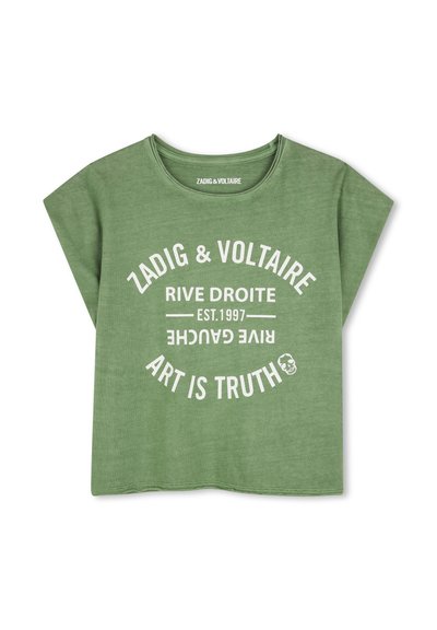 T-shirt vert à manches courtes avec un texte circulaire blanc indiquant "Zadig & Voltaire Rive Droite Est. 1997 Rive Gauche Art Is Truth" ainsi qu'un petit crâne.