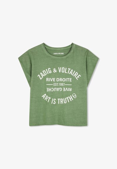 T-shirt vert à manches courtes avec un texte circulaire blanc indiquant "Zadig & Voltaire Rive Droite Est. 1997 Rive Gauche Art Is Truth" ainsi qu'un petit crâne.