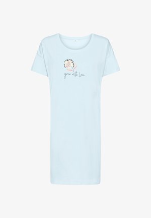 Vestito azzurro chiaro a maniche corte con collo rotondo, stampa floreale e scritta "cresci con amore" sul petto.