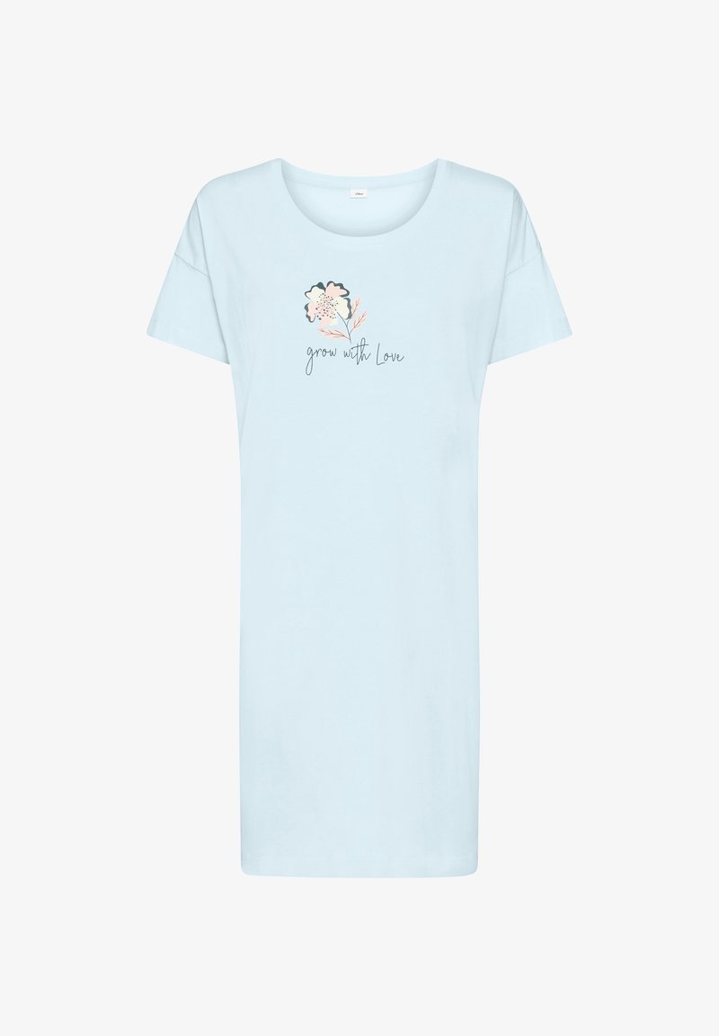 Svetlomodré krátke šaty s krátkym rukávom, okrúhlym výstrihom, kvetinovým motívom a nápisom „rastiť s láskou“ na hrudi.