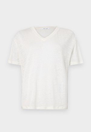 T-shirt blanc à col en V fabriqué en tissu léger et texturé. Caractéristiques : manches courtes et coupe décontractée. Ourlet lisse, design simple.