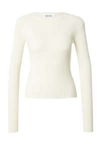 Rippstrick-Langarmoberteil in Creme mit taillierter Silhouette, Rundhalsausschnitt und weichem Material. Mit minimalistischer Nahtgestaltung.