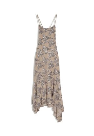 Beiges ärmelloses Kleid mit dünnen Trägern, silbernen Blumenpaillettenmustern und asymmetrischem Saum.