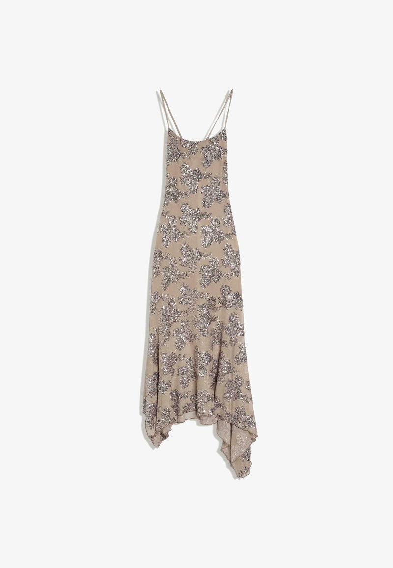 Robe sans manches beige avec fines bretelles, motifs floraux en sequins argentés et un ourlet asymétrique.
