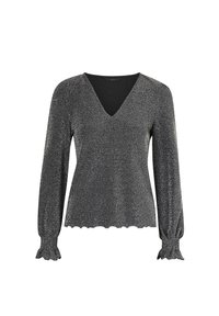 Schwarzes, glitzerndes Langarmoberteil mit V-Ausschnitt und Rüschensäumen, aus einem strukturierten Stoff, der Licht reflektiert. Wellenförmiger Saum an der Taille.
