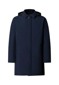 Marineblauer wasserdichter Mantel mit Kapuze, vorderem Druckknopfverschluss, Seitentaschen und geradem Schnitt. Glatte Textur mit minimaler Detailierung.